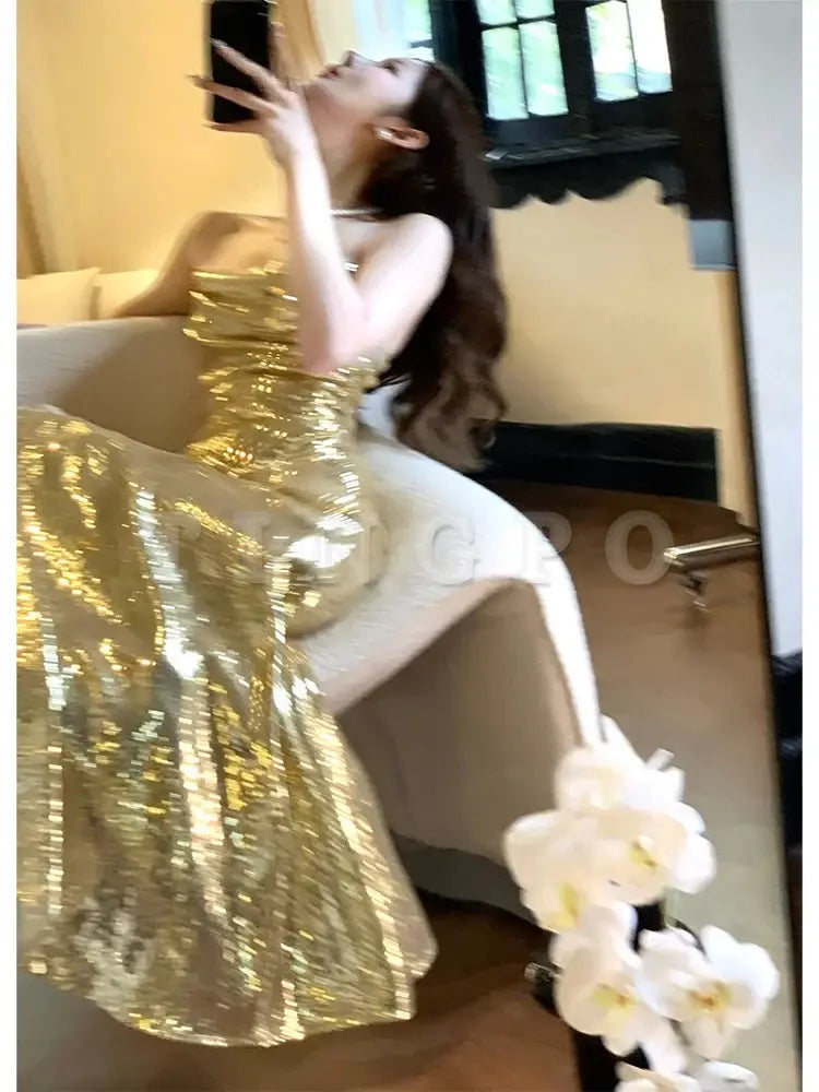 Wholesale Gorgeous Sheath Spaghetti Straps Gold Sequin Slit Prom Dresses Evening Dress gowns evening dresses